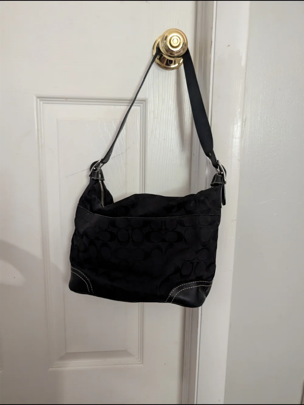 Coach Black Signature Jacquard Shoulder Bag with Leather Trim